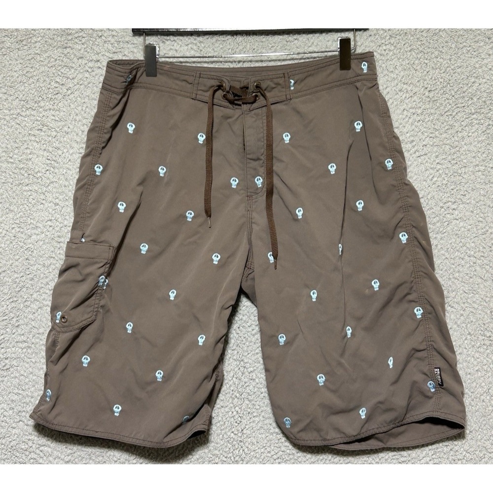Stussy Men's Brown Zip Fly Board Shorts Size 34 All Over Embriodered Skulls